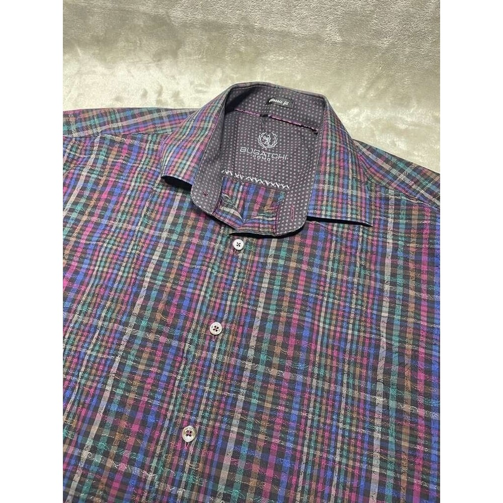 Bugatchi Uomo Button Up Shirt Men's Large Multicolor Classic Plaid Long Sleeve